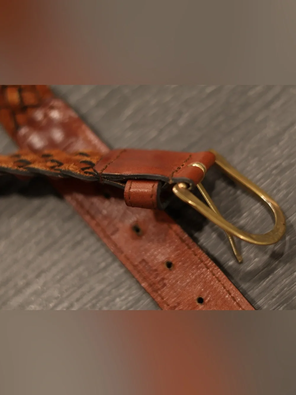 Brown Braided Genuine Leather Belt Brass Buckle Size S